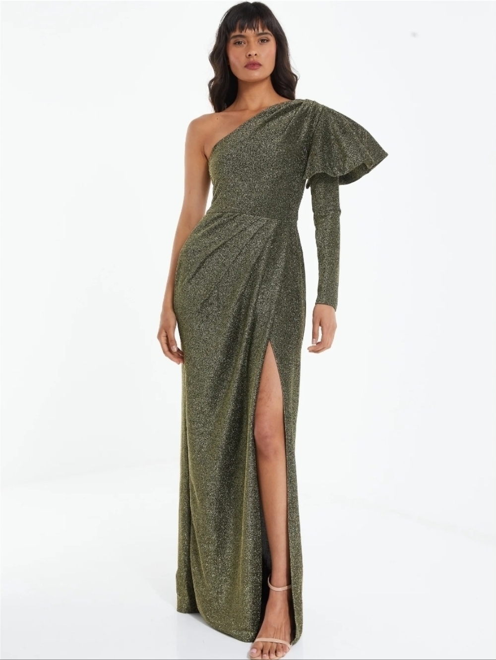Quiz, One-Shoulder Olive Green Sparkle Evening Gown, Small